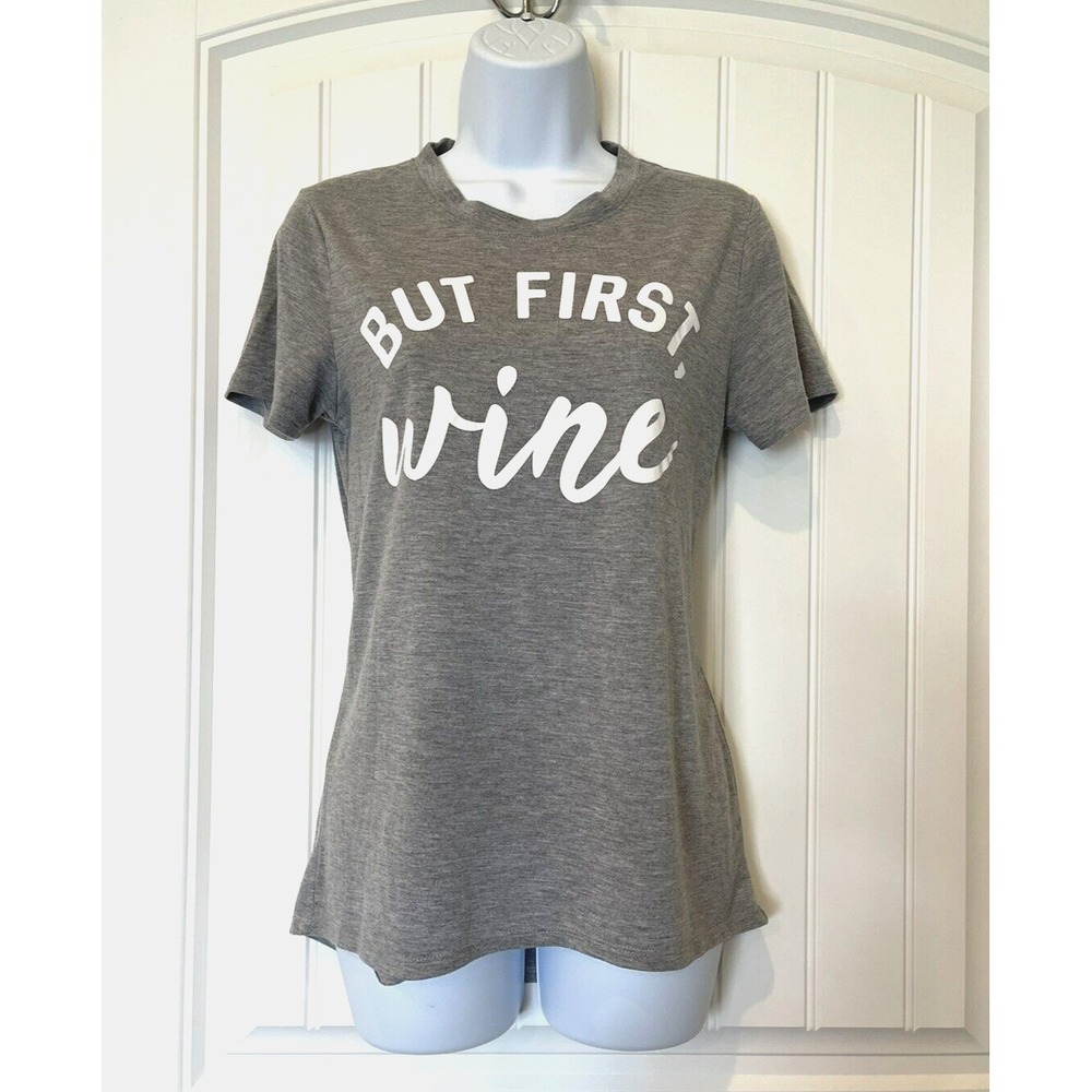 Women's Small Jerry Leigh Basic Short Sleeve Solid Gray T-Shirt "But First Wine"